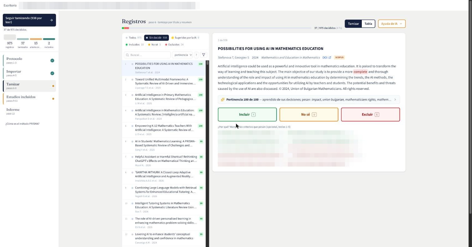 Tamizar: el orden explica de dónde sale cada puntaje, y el revisor decide con sus botones y sus criterios (los chips van tapados: son los criterios de una revisión en curso).