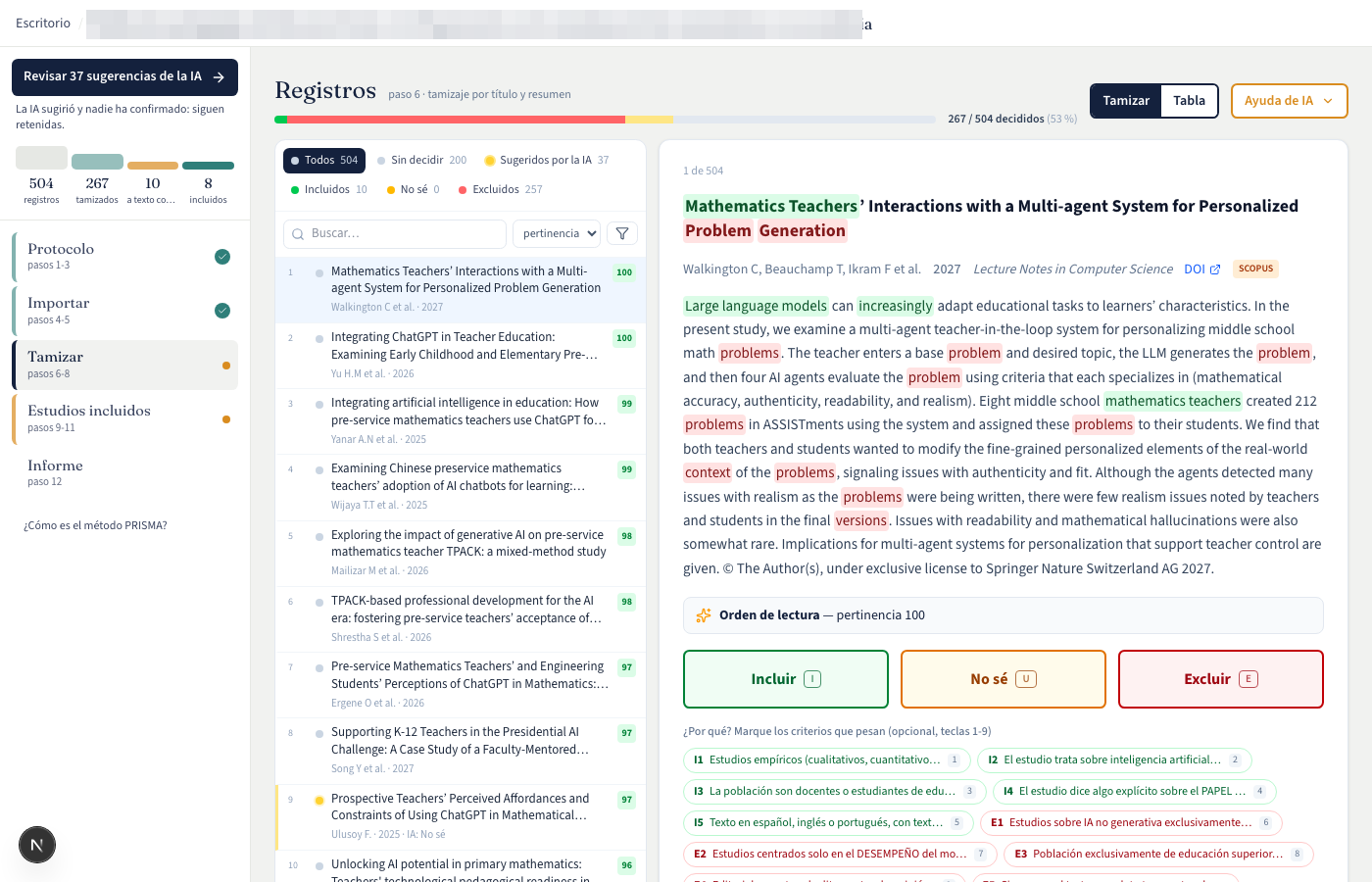 Tamizar: la lista, el registro, tres botones y los criterios como razón.